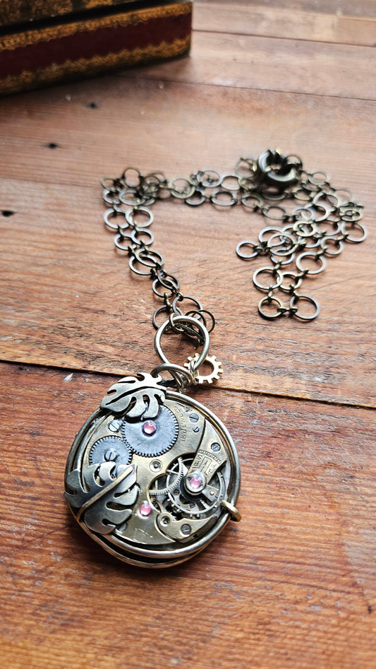 Steampunk Pocket Watch Pendant, Handcrafted Watch Movement Necklace with Monstera Leaves