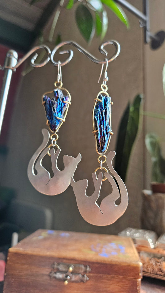 “Cosmic Cats” Earrings, Black Tourmaline, Brass & Silver