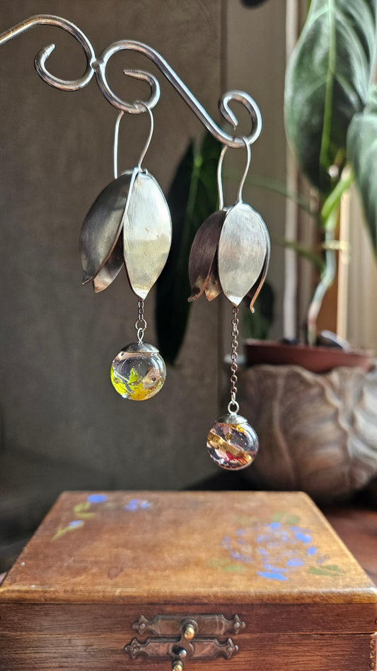 “Bloom & Gear” Asymmetric Drop Earrings with Silver & Resin Orbs