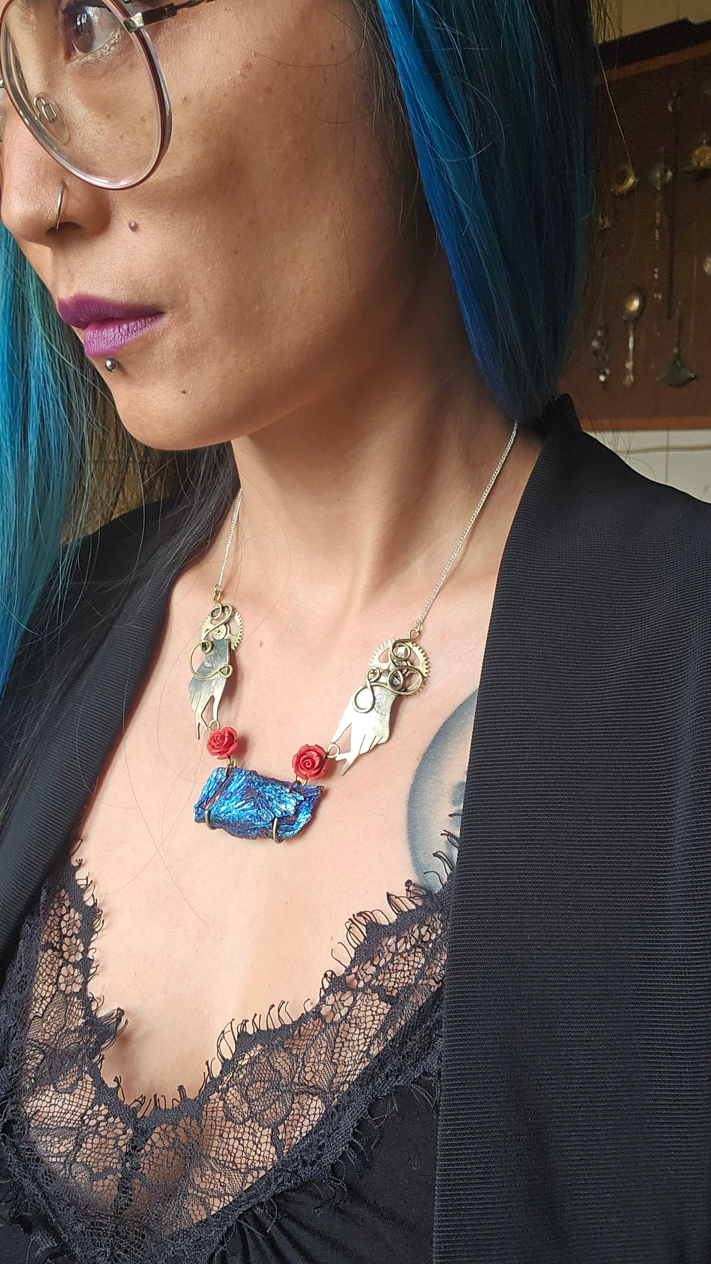 Steampunk Gothic Necklace, Electroplated Black Tourmaline with Gears & Red Roses