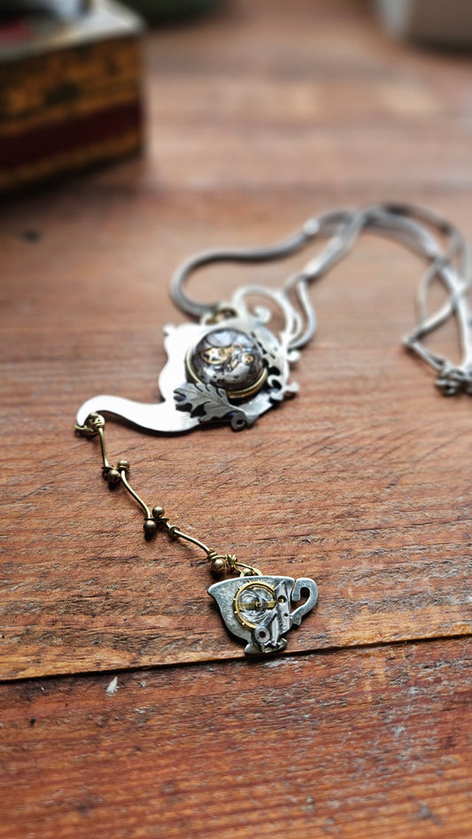 Alice in Wonderland Steampunk Pendant Handmade with Watch Movement & Teacup Charm