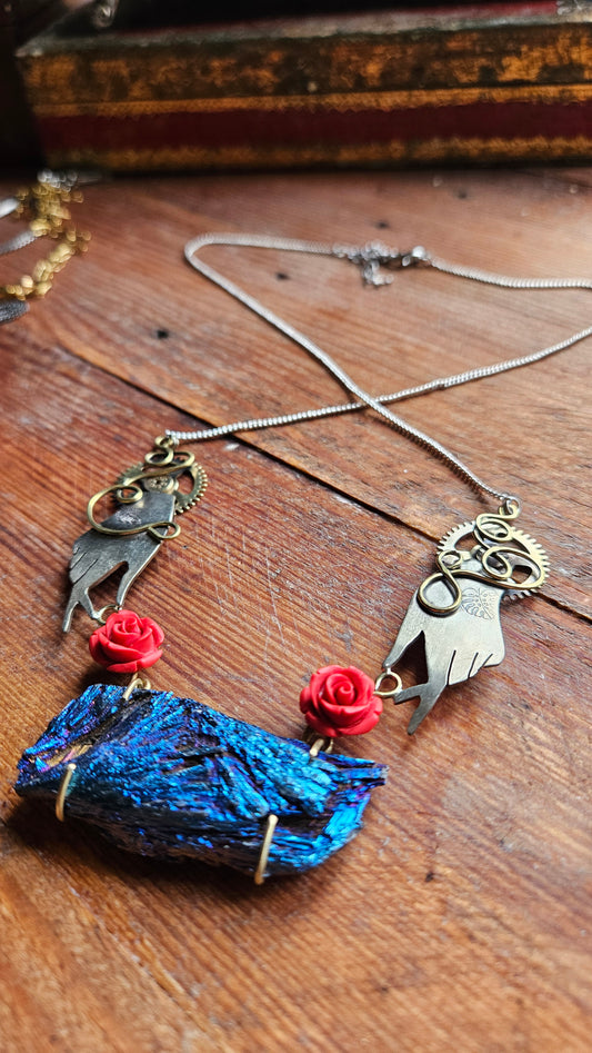 Steampunk Gothic Necklace, Electroplated Black Tourmaline with Gears & Red Roses