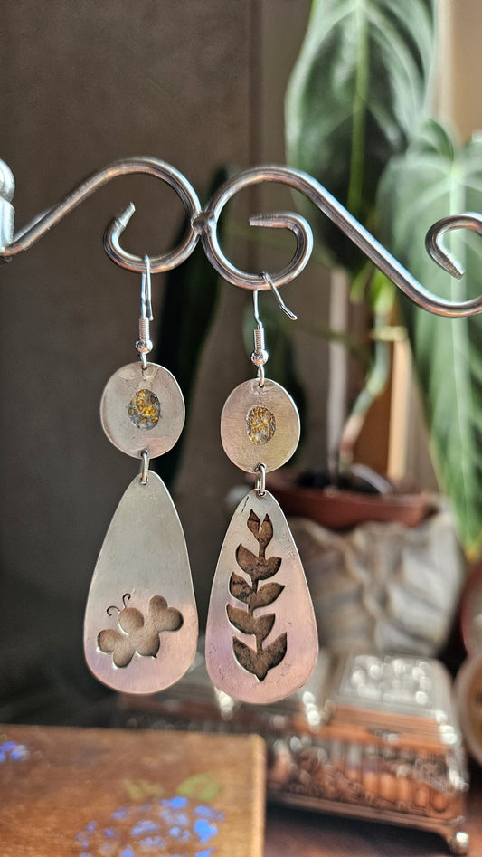 Steampunk Dendritic Stone Earrings – Clockwork & Resin with Sterling Silver Hooks