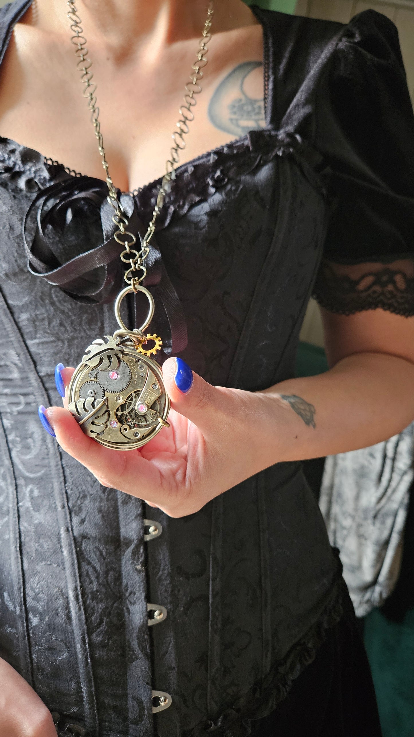 Steampunk Pocket Watch Pendant, Handcrafted Watch Movement Necklace with Monstera Leaves