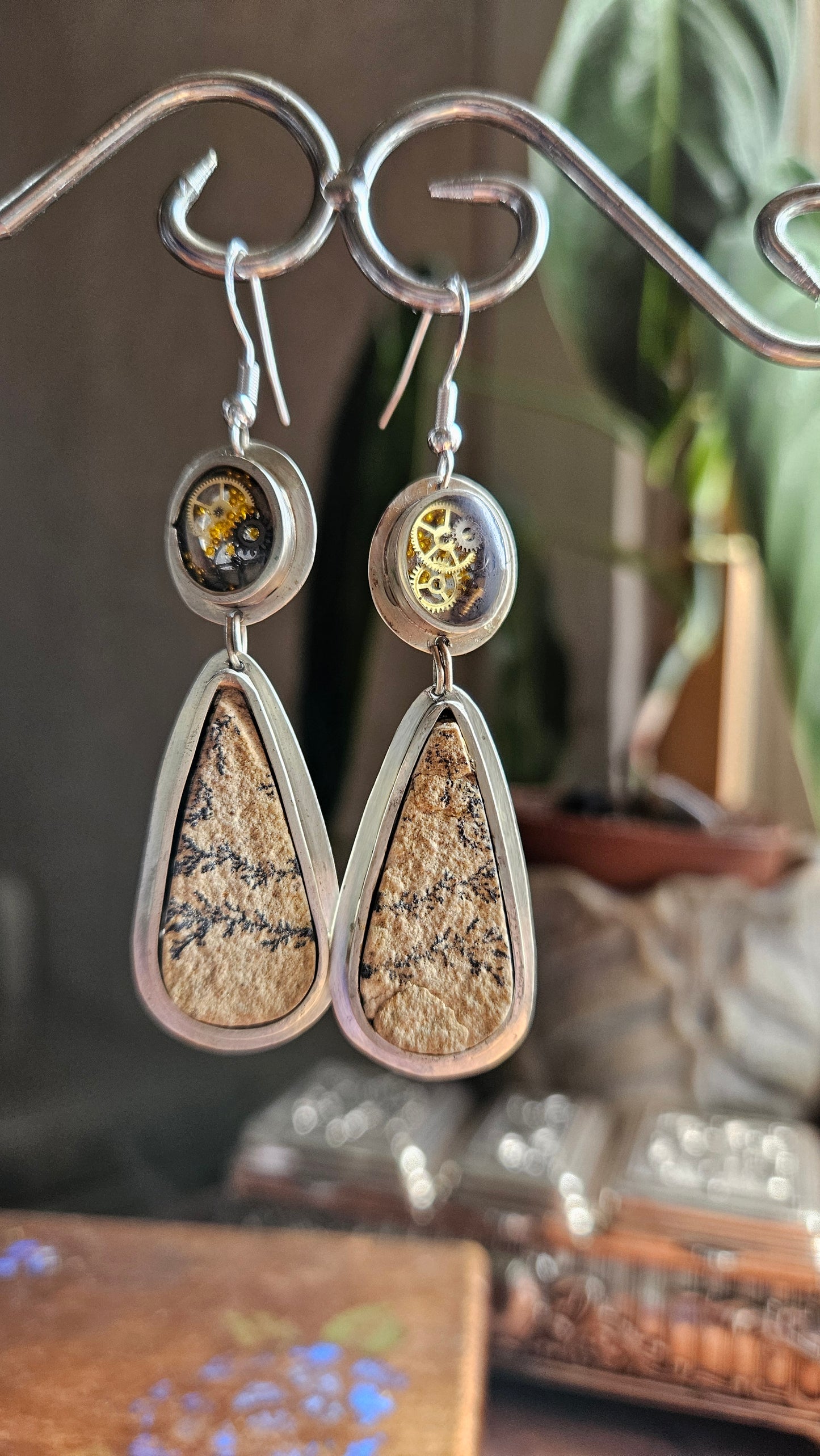 Steampunk Dendritic Stone Earrings – Clockwork & Resin with Sterling Silver Hooks
