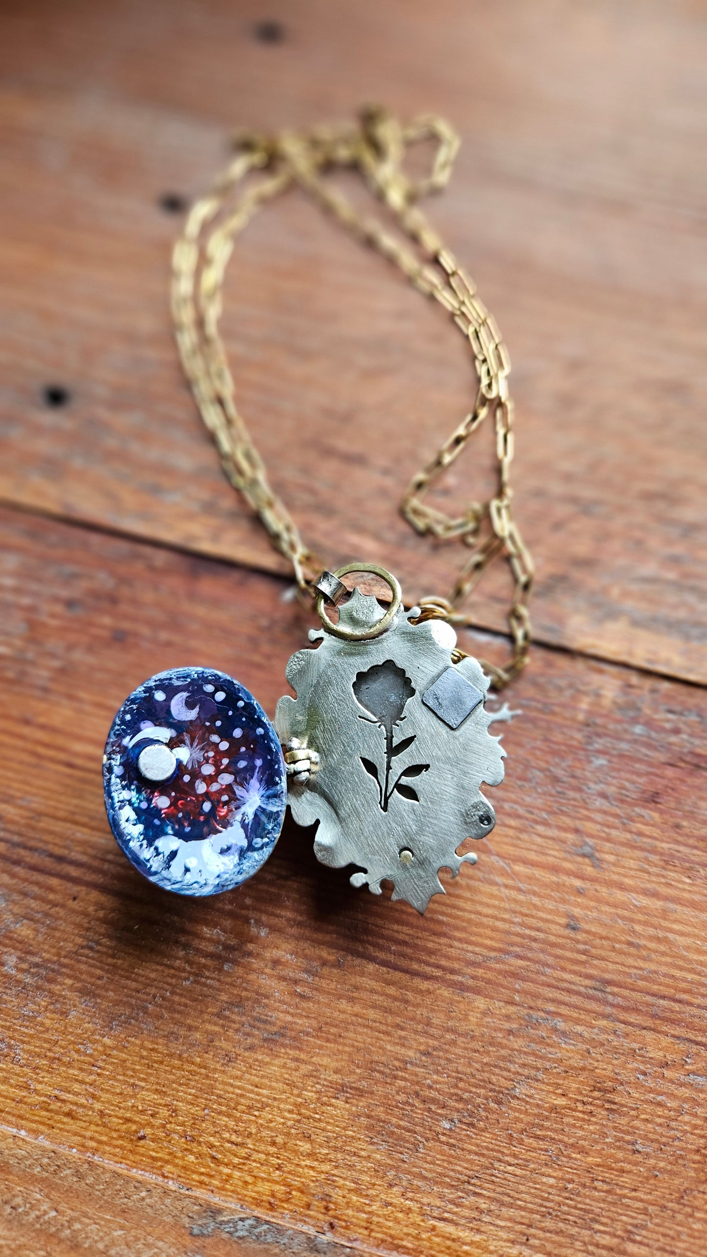 🌹 Celestial Rose Pendant, Labradorite, Alpaca & Brass