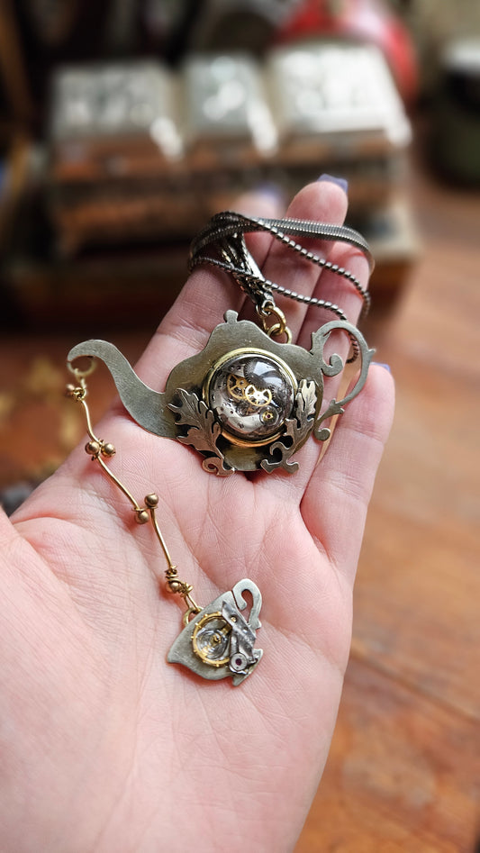 Alice in Wonderland Steampunk Pendant Handmade  with Watch Movement & Teacup Charm