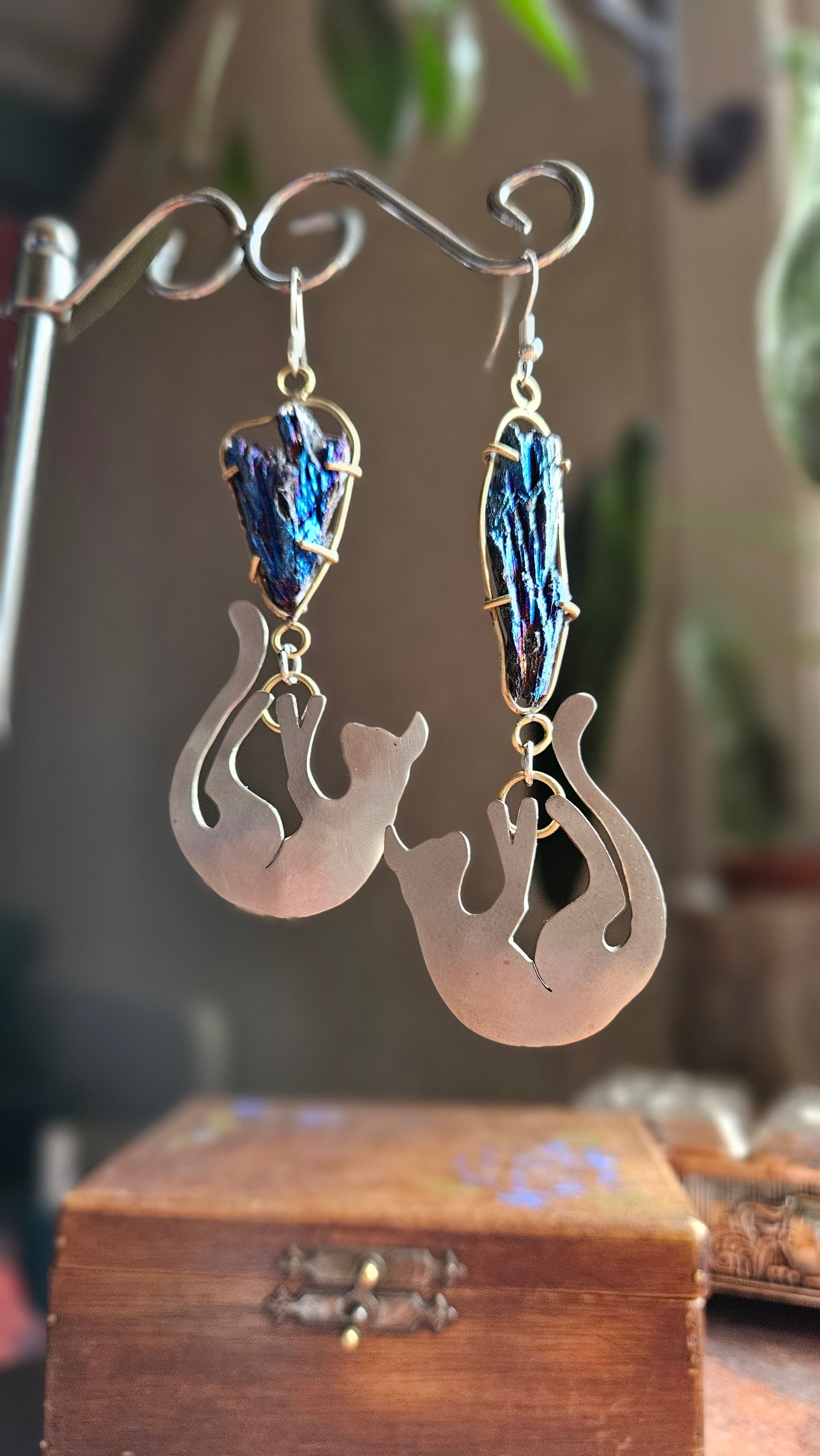 “Cosmic Cats” Earrings, Black Tourmaline, Brass & Silver