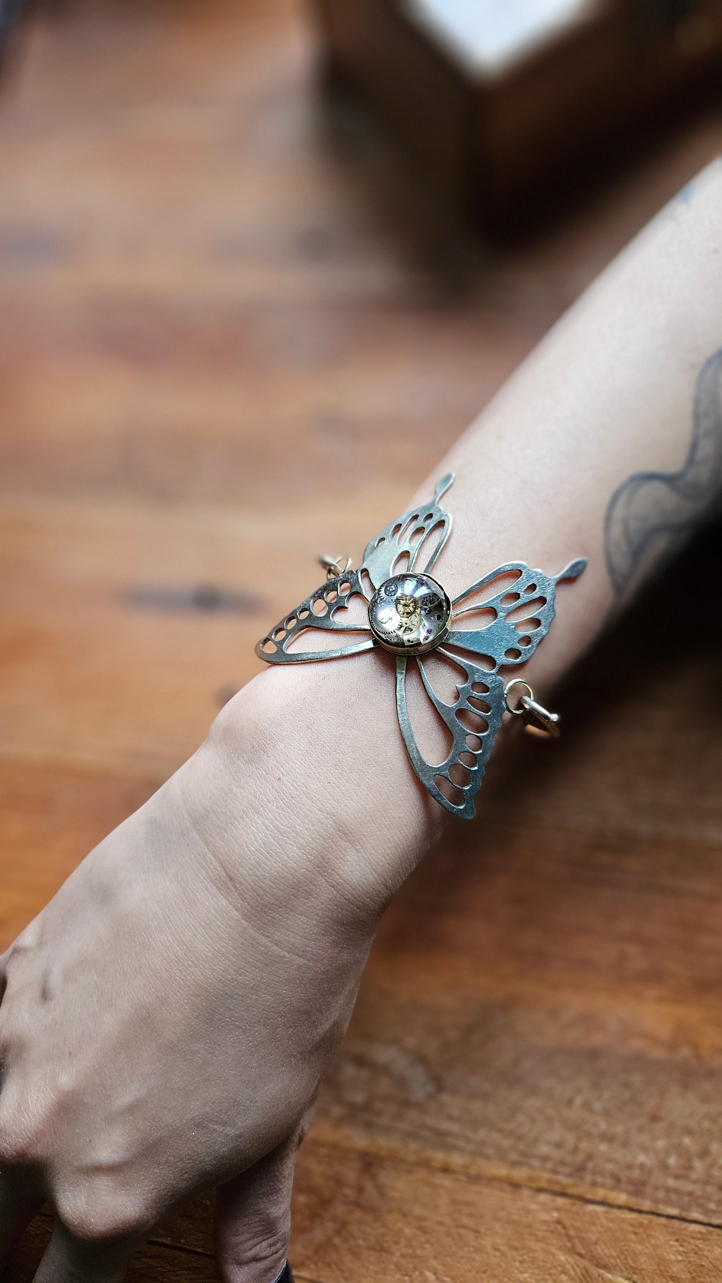 🦋 Steampunk Butterfly Bracelet, Handcrafted with Clockwork Resin Center