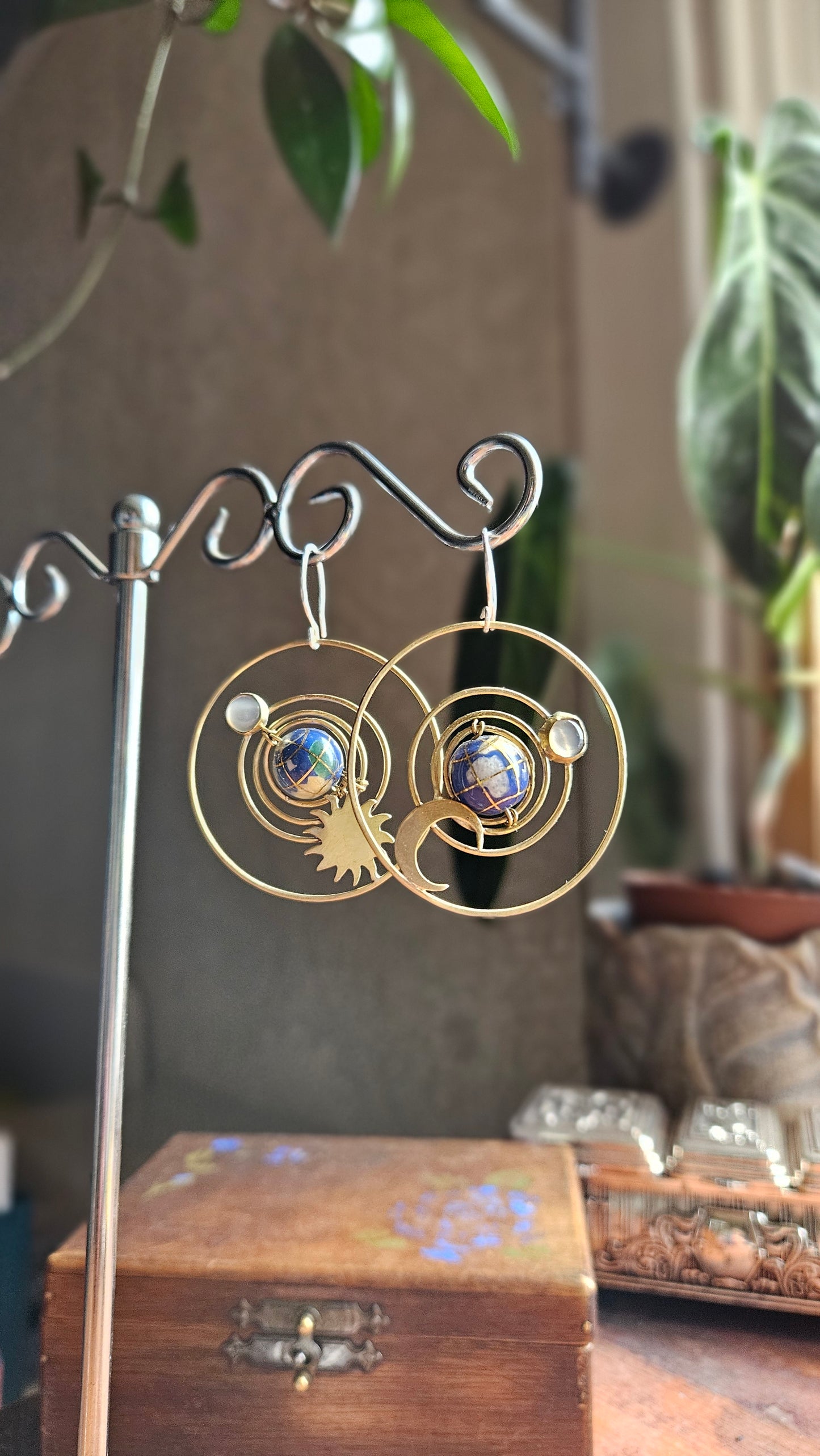 🌙 Celestial Orbit Earrings, Lapis Lazuli & Brass