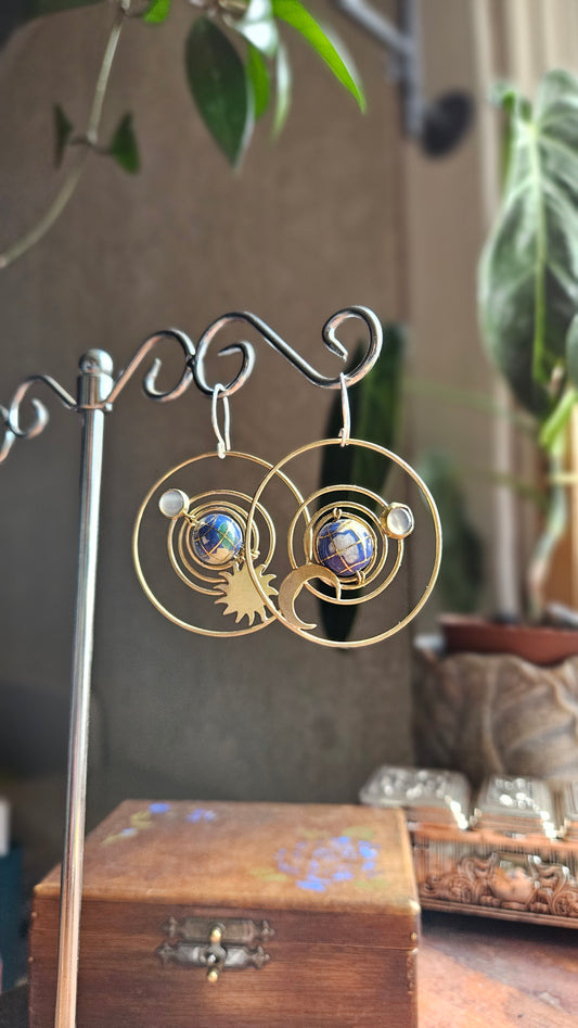 🌙 Celestial Orbit Earrings, Lapis Lazuli & Brass
