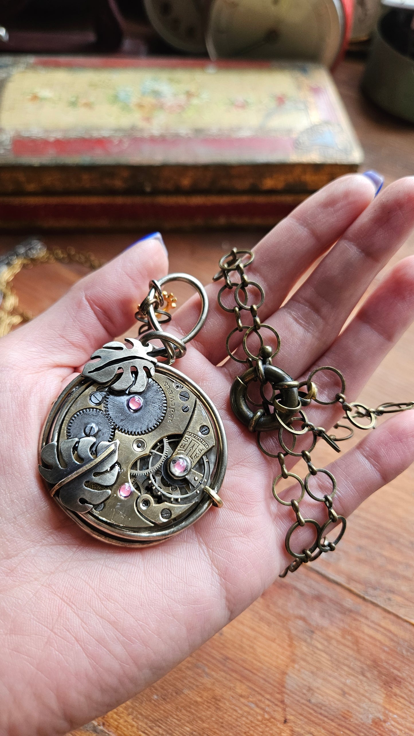 Steampunk Pocket Watch Pendant, Handcrafted Watch Movement Necklace with Monstera Leaves