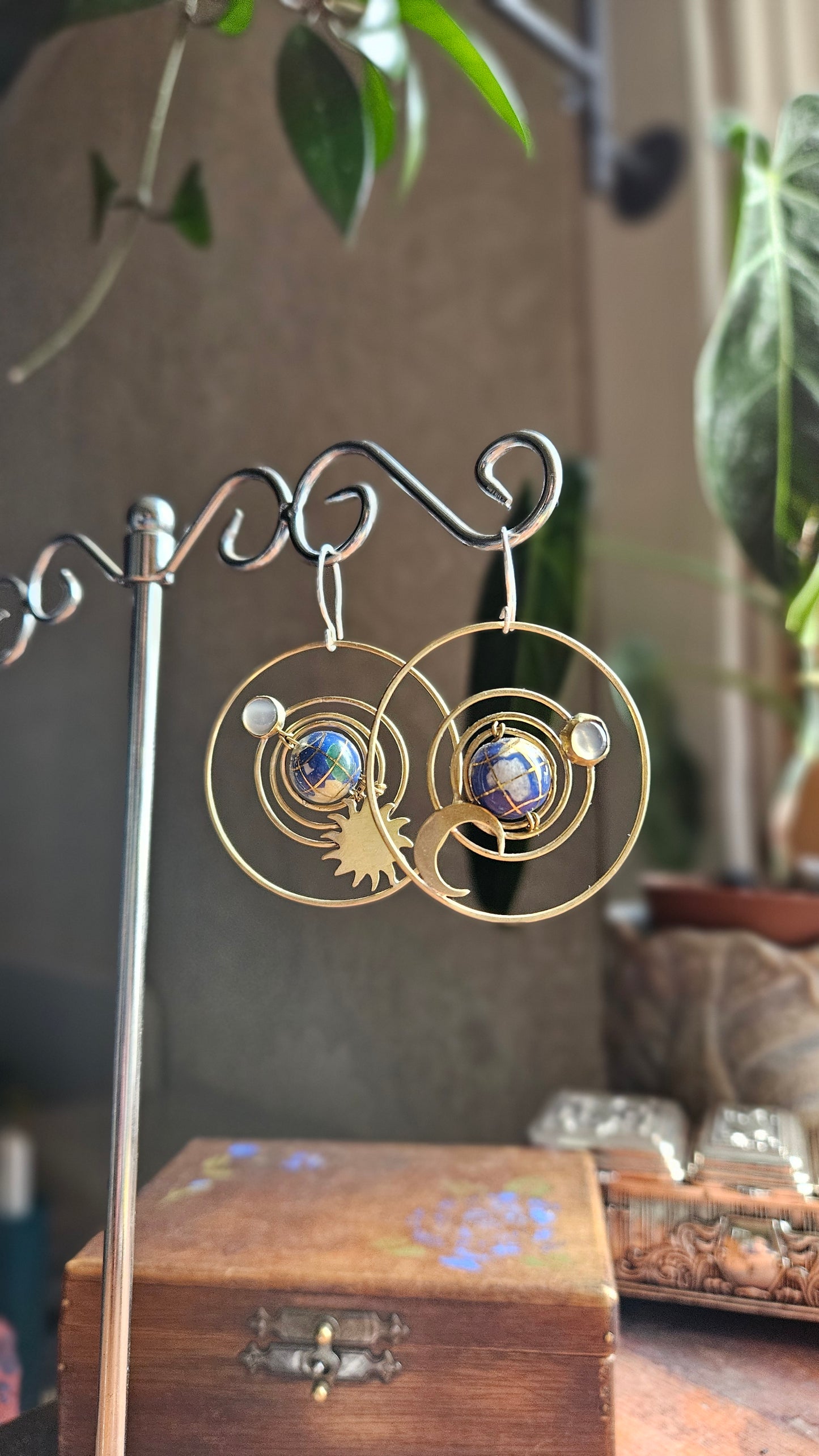 🌙 Celestial Orbit Earrings, Lapis Lazuli & Brass