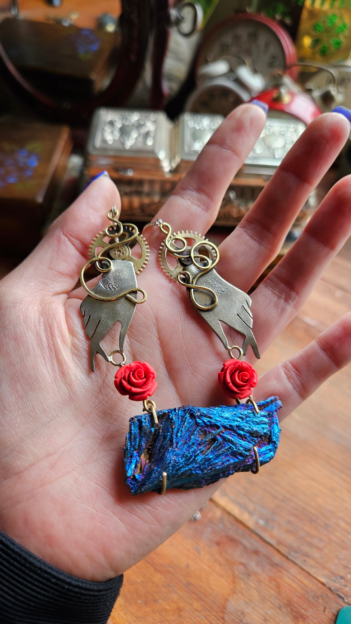 Steampunk Gothic Necklace, Electroplated Black Tourmaline with Gears & Red Roses