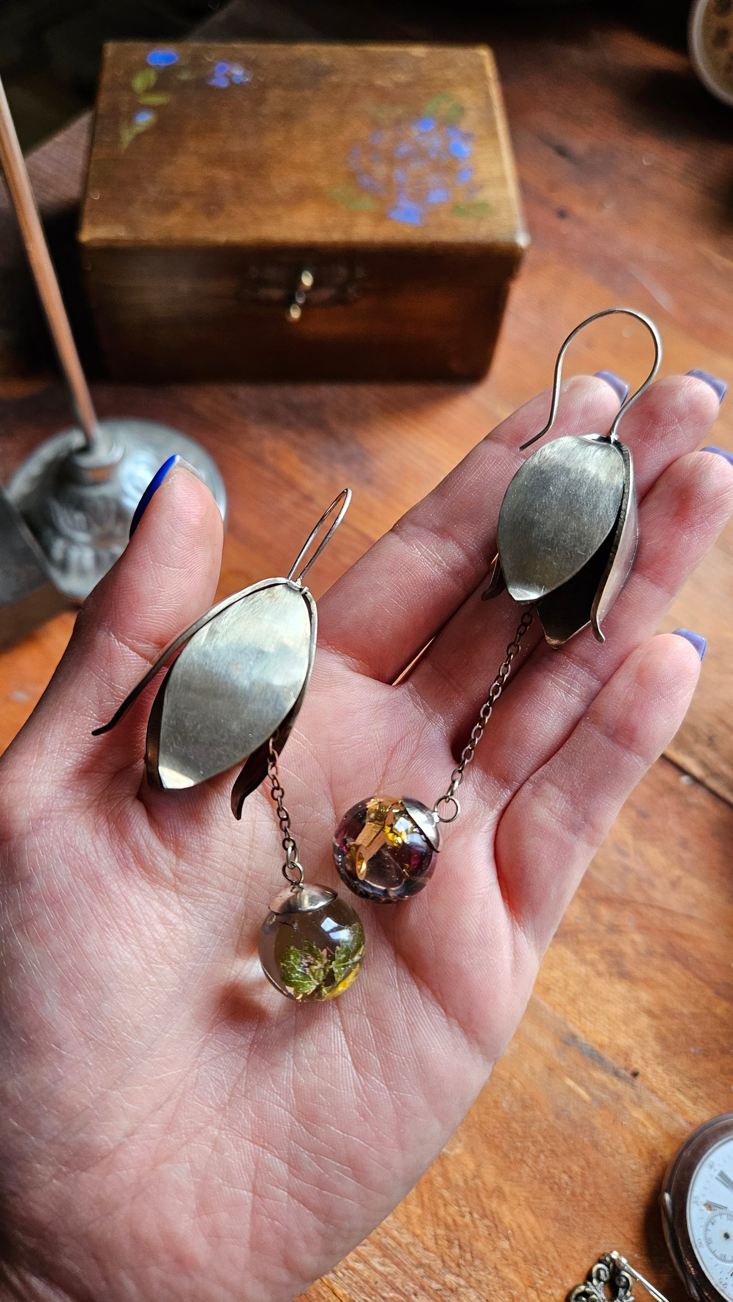 “Bloom & Gear” Asymmetric Drop Earrings with Silver & Resin Orbs