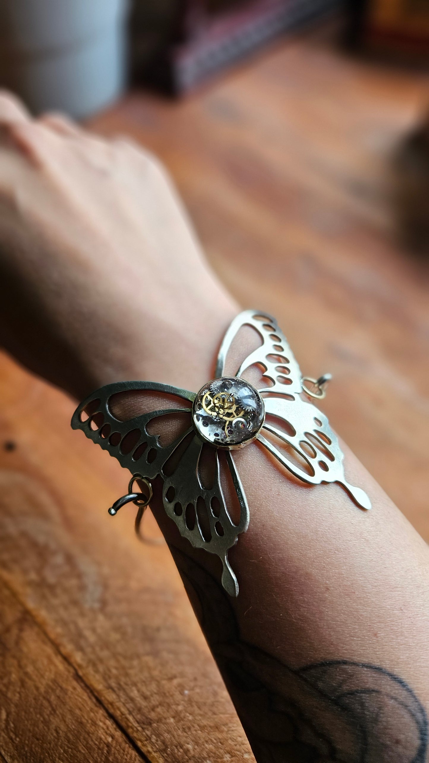 🦋 Steampunk Butterfly Bracelet, Handcrafted with Clockwork Resin Center