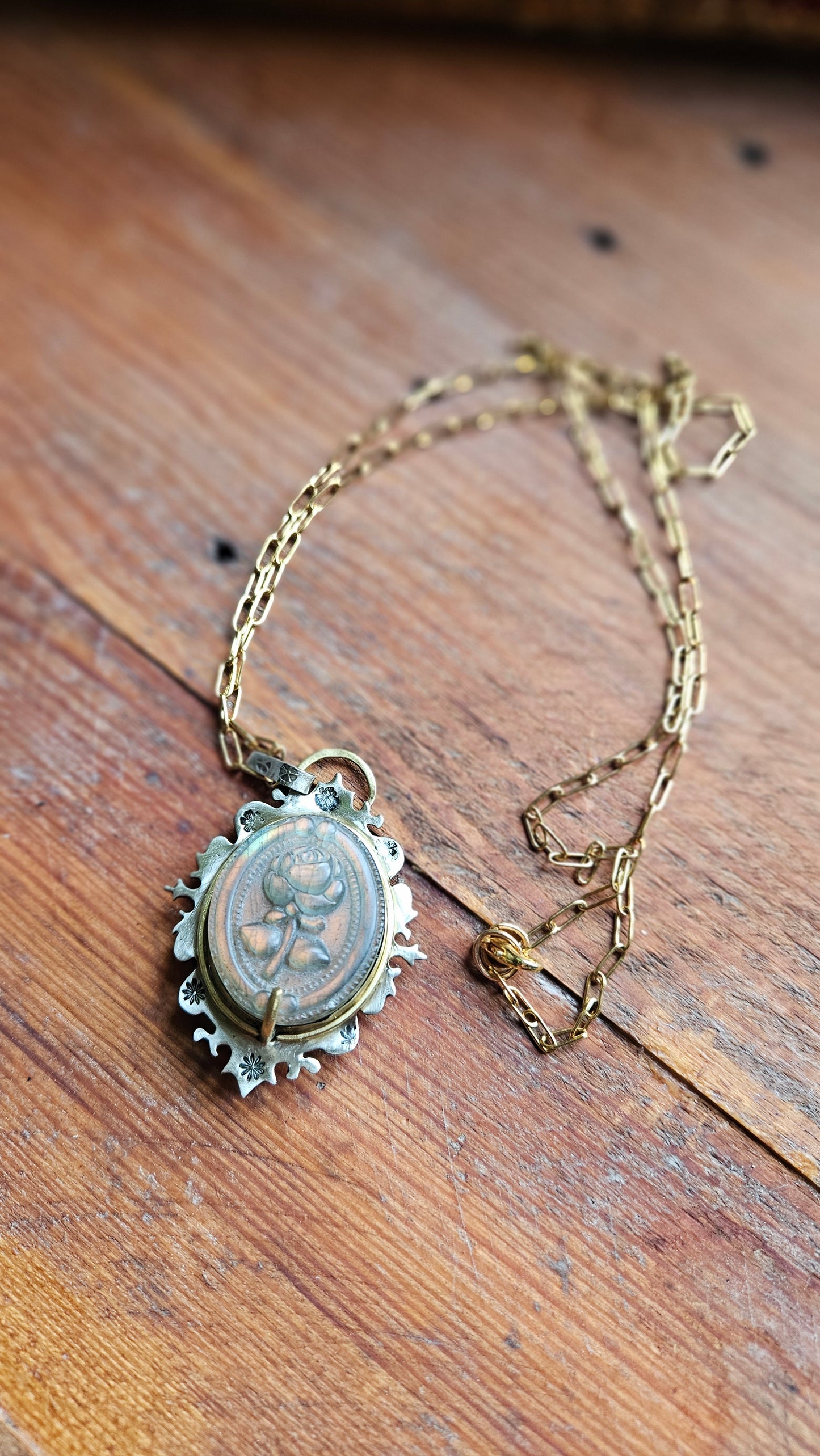🌹 Celestial Rose Pendant, Labradorite, Alpaca & Brass