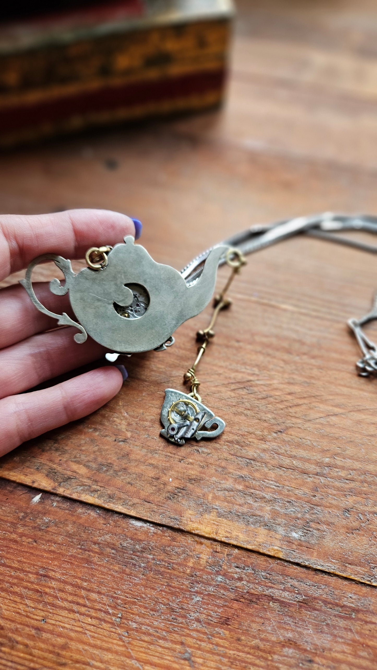 Alice in Wonderland Steampunk Pendant Handmade  with Watch Movement & Teacup Charm
