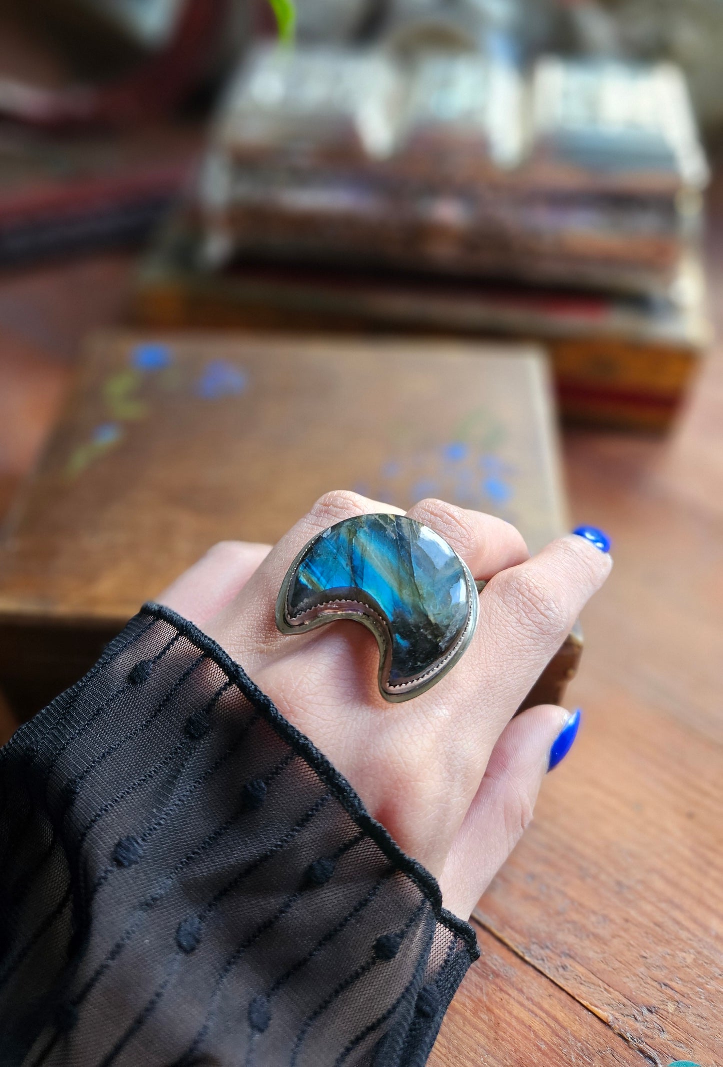 Labradorite Moon ring 🌙 Adjustable Silver Statement Piece