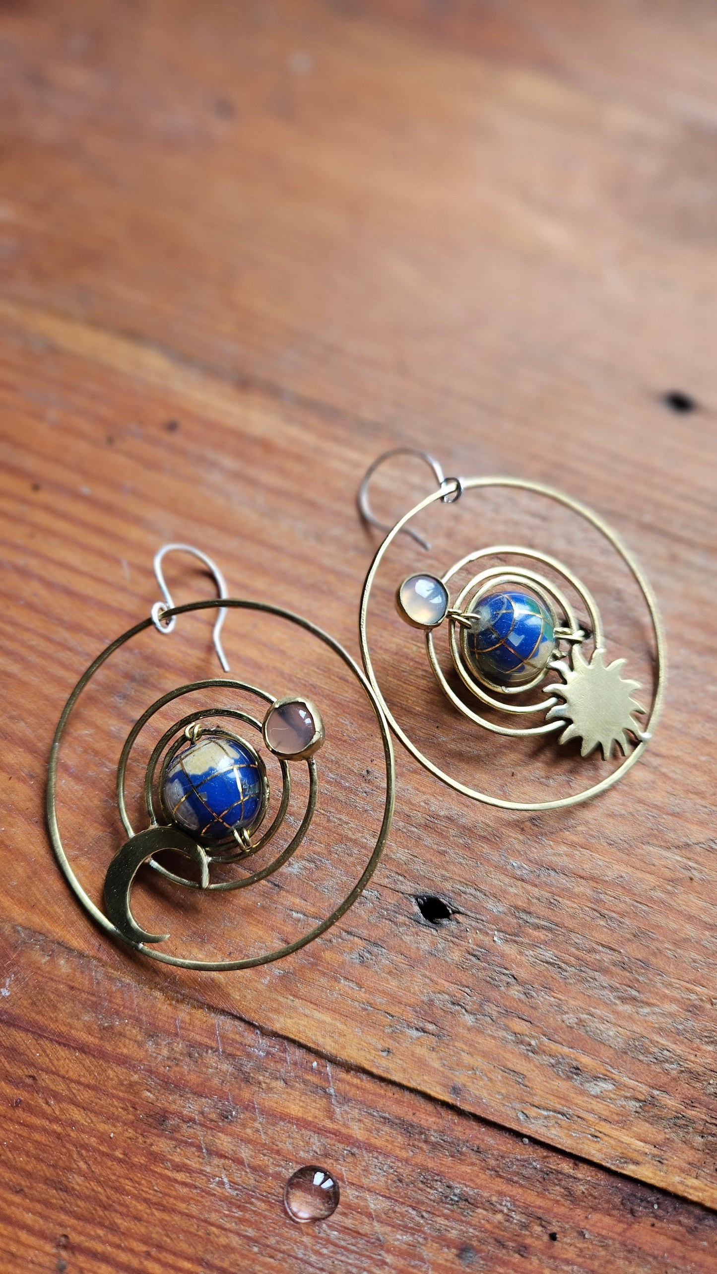 🌙 Celestial Orbit Earrings, Lapis Lazuli & Brass