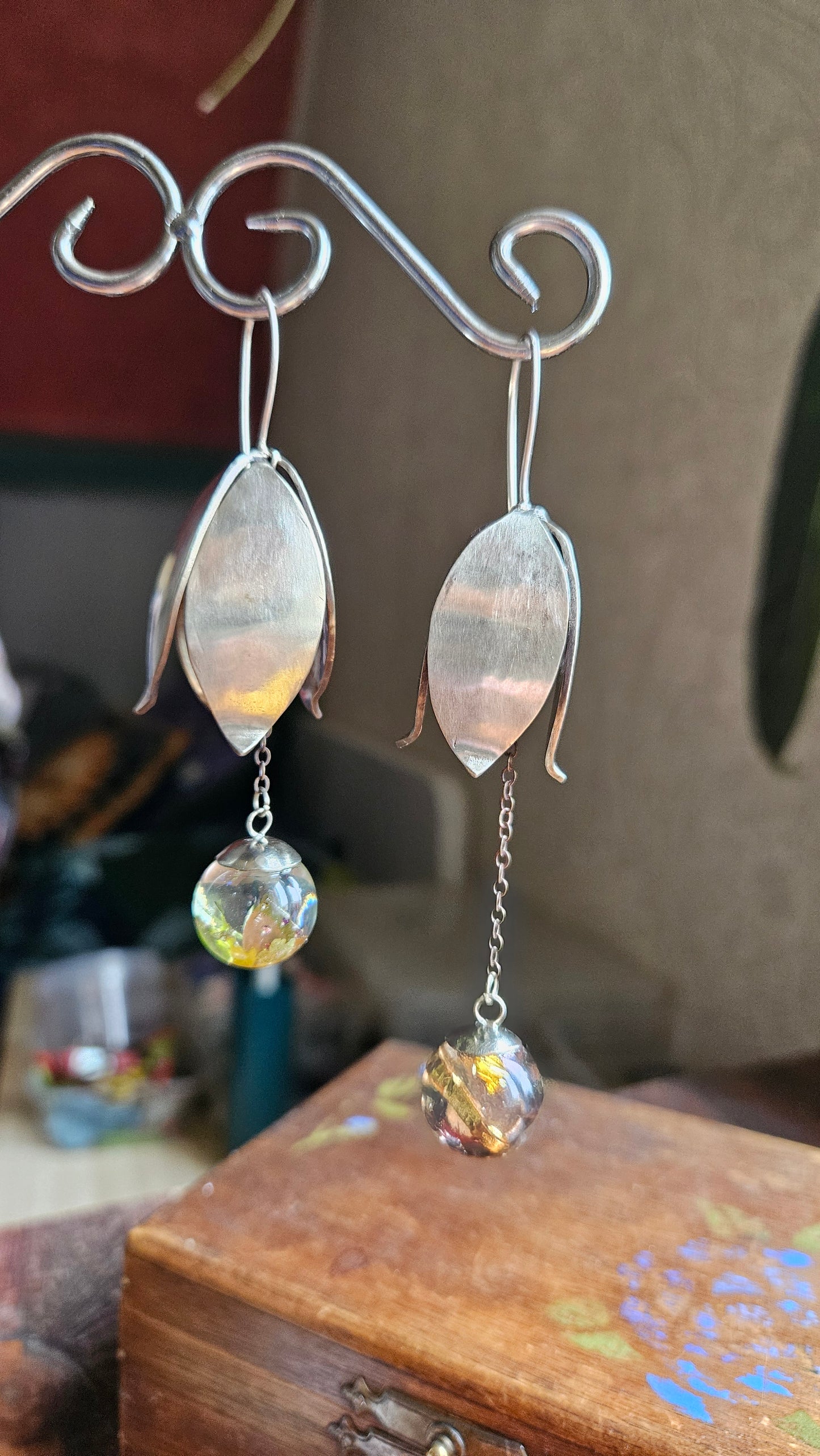 “Bloom & Gear” Asymmetric Drop Earrings with Silver & Resin Orbs