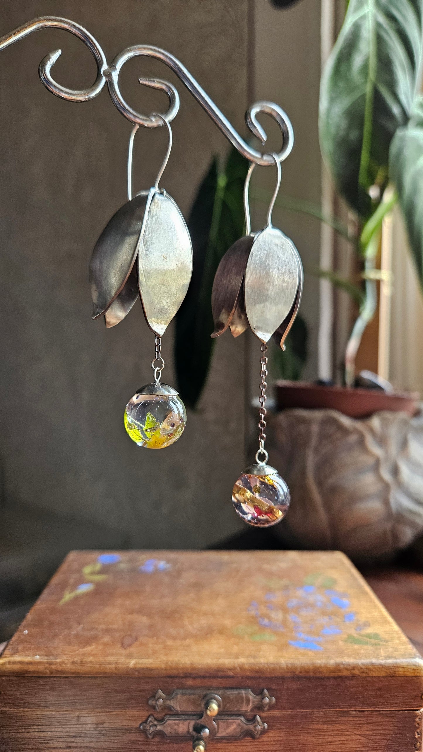 “Bloom & Gear” Asymmetric Drop Earrings with Silver & Resin Orbs