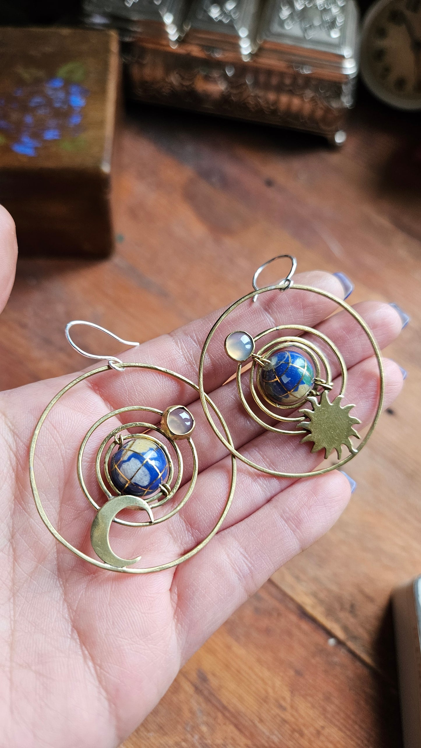 🌙 Celestial Orbit Earrings, Lapis Lazuli & Brass