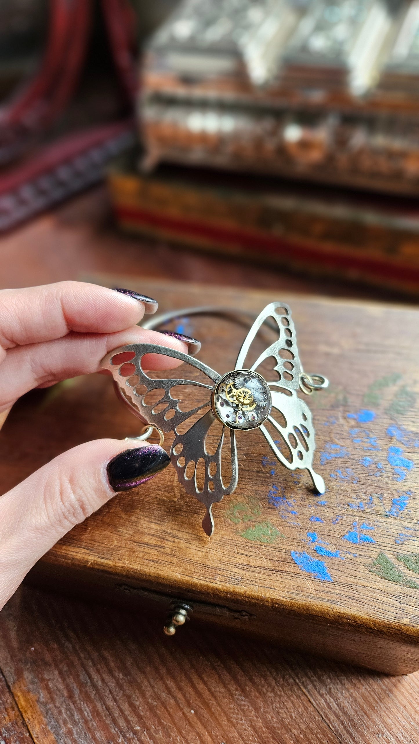 🦋 Steampunk Butterfly Bracelet, Handcrafted with Clockwork Resin Center