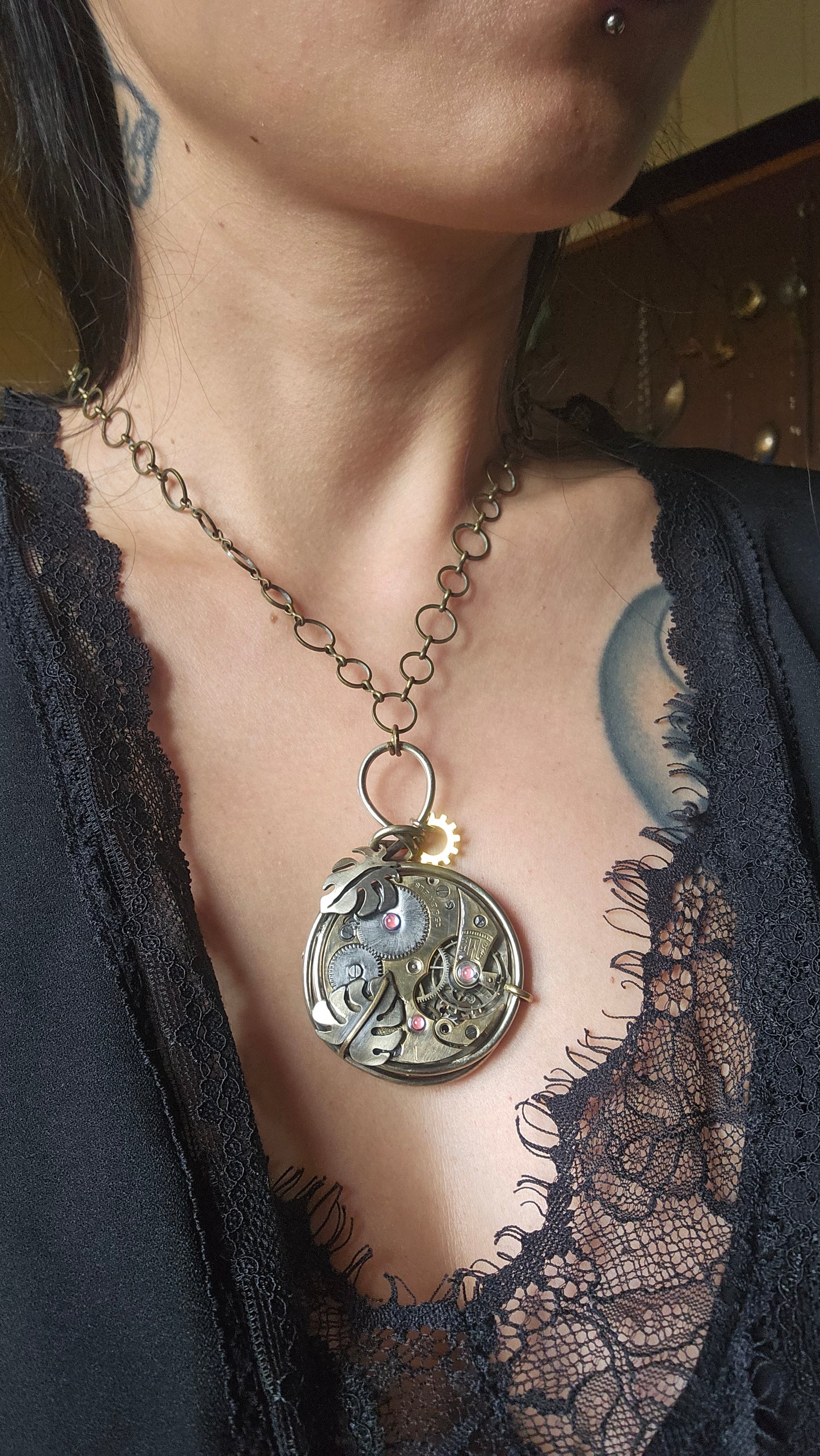 Steampunk Pocket Watch Pendant, Handcrafted Watch Movement Necklace with Monstera Leaves
