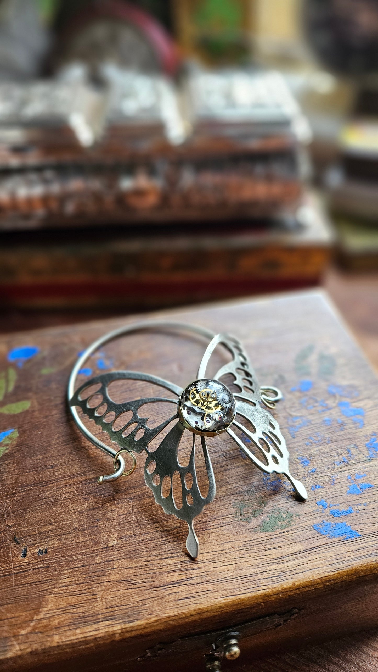 🦋 Steampunk Butterfly Bracelet, Handcrafted with Clockwork Resin Center