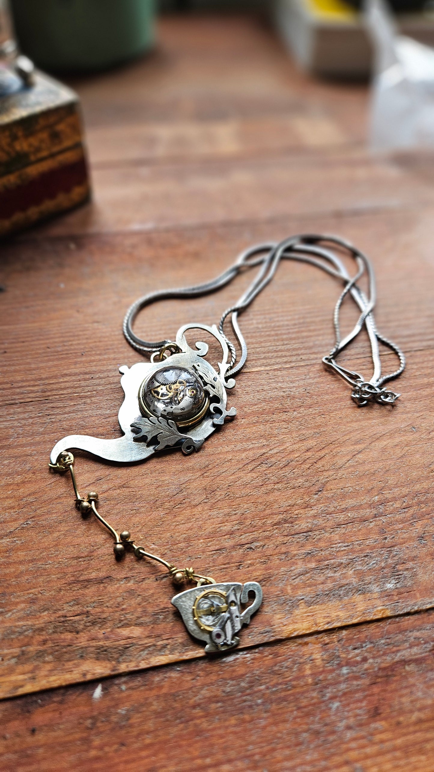 Alice in Wonderland Steampunk Pendant Handmade  with Watch Movement & Teacup Charm