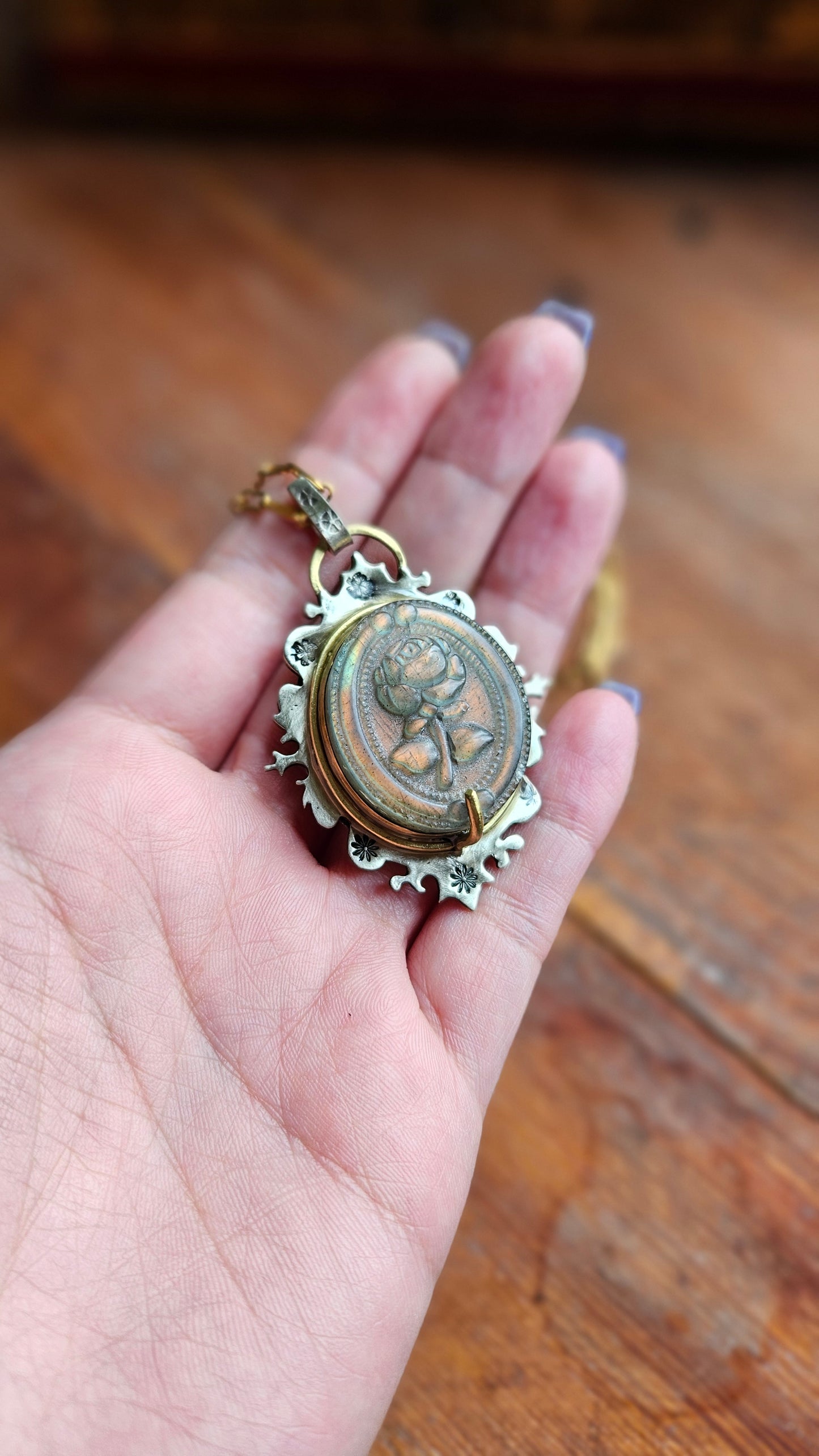 🌹 Celestial Rose Pendant, Labradorite, Alpaca & Brass