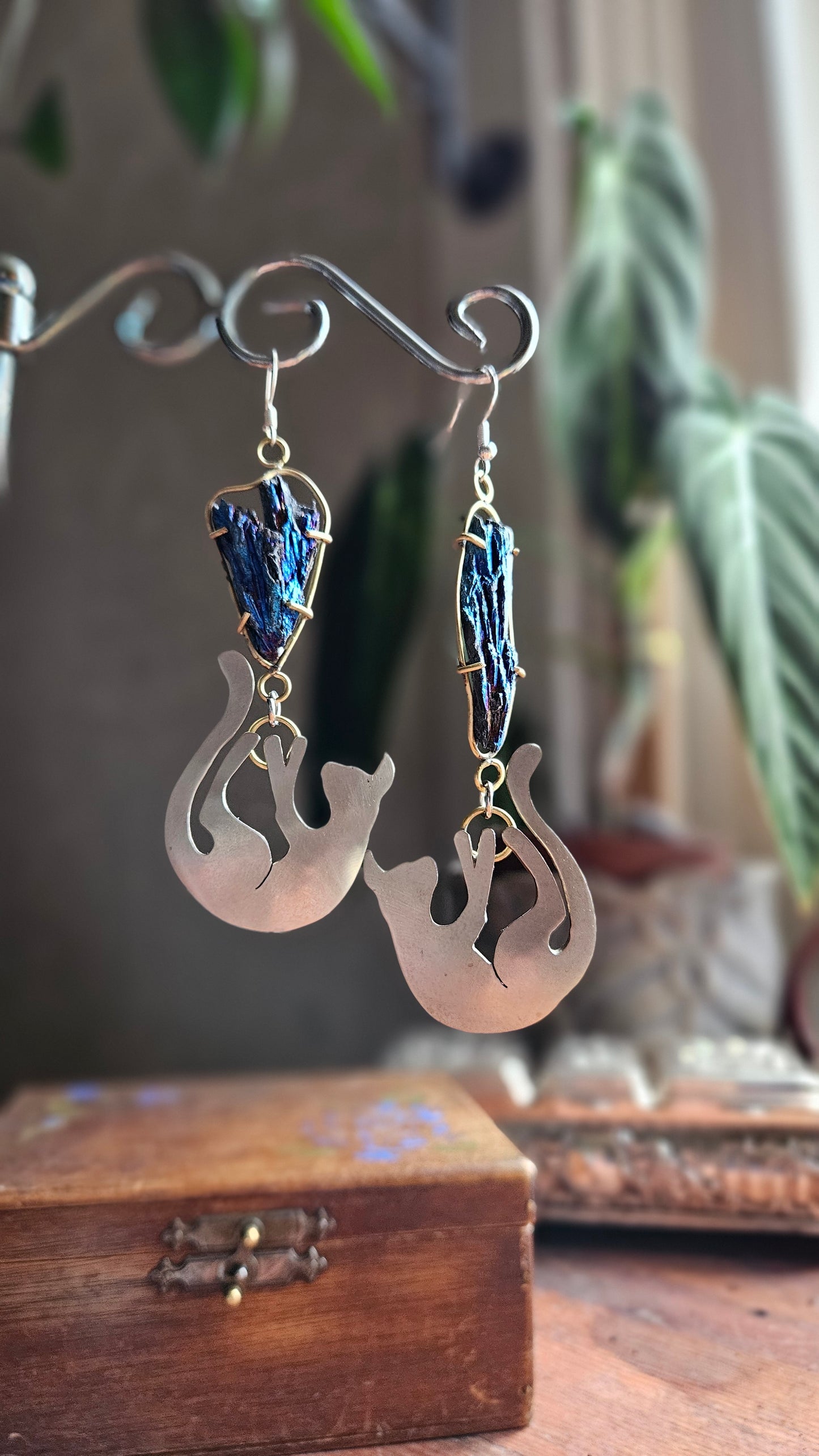 “Cosmic Cats” Earrings, Black Tourmaline, Brass & Silver
