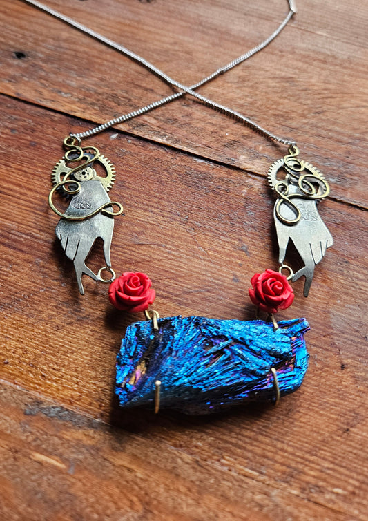 Steampunk Gothic Necklace, Electroplated Black Tourmaline with Gears & Red Roses