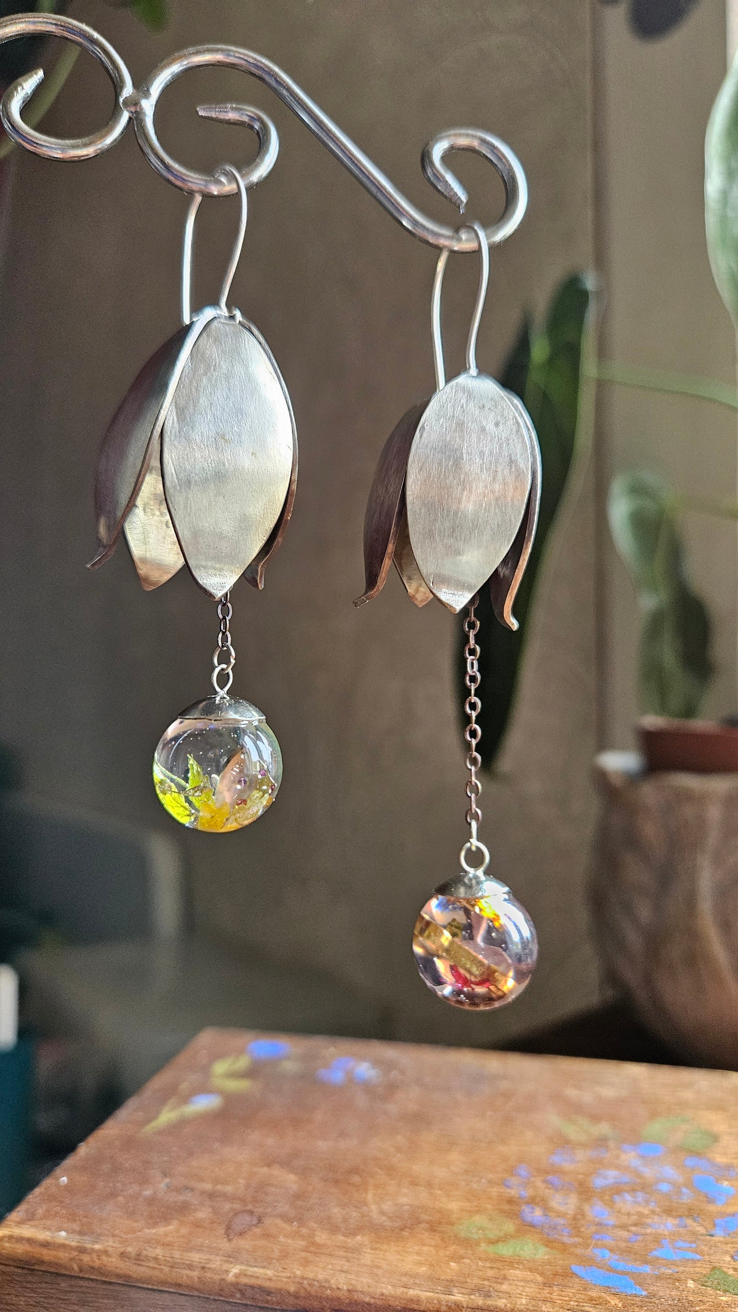 “Bloom & Gear” Asymmetric Drop Earrings with Silver & Resin Orbs
