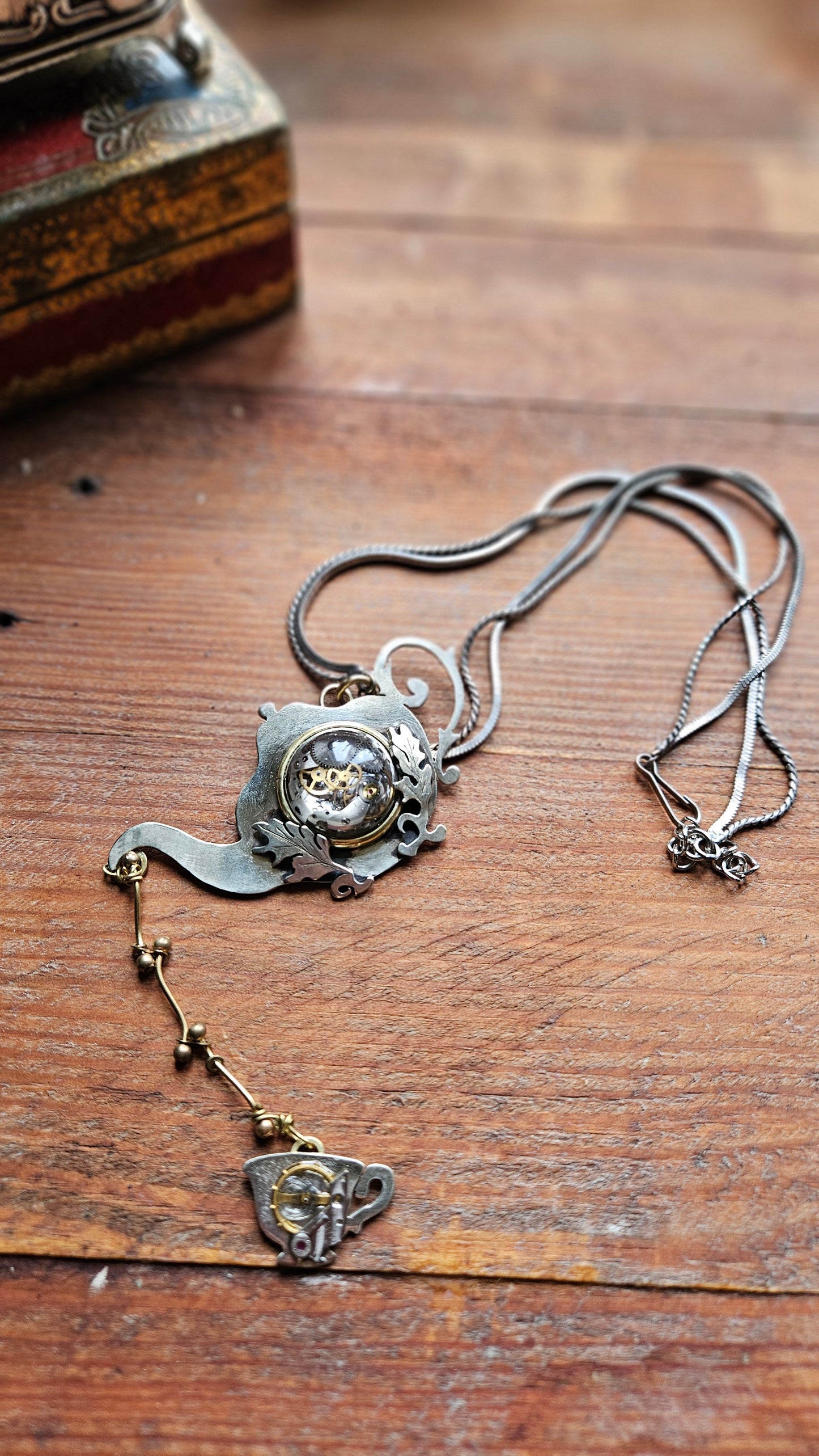 Alice in Wonderland Steampunk Pendant Handmade  with Watch Movement & Teacup Charm