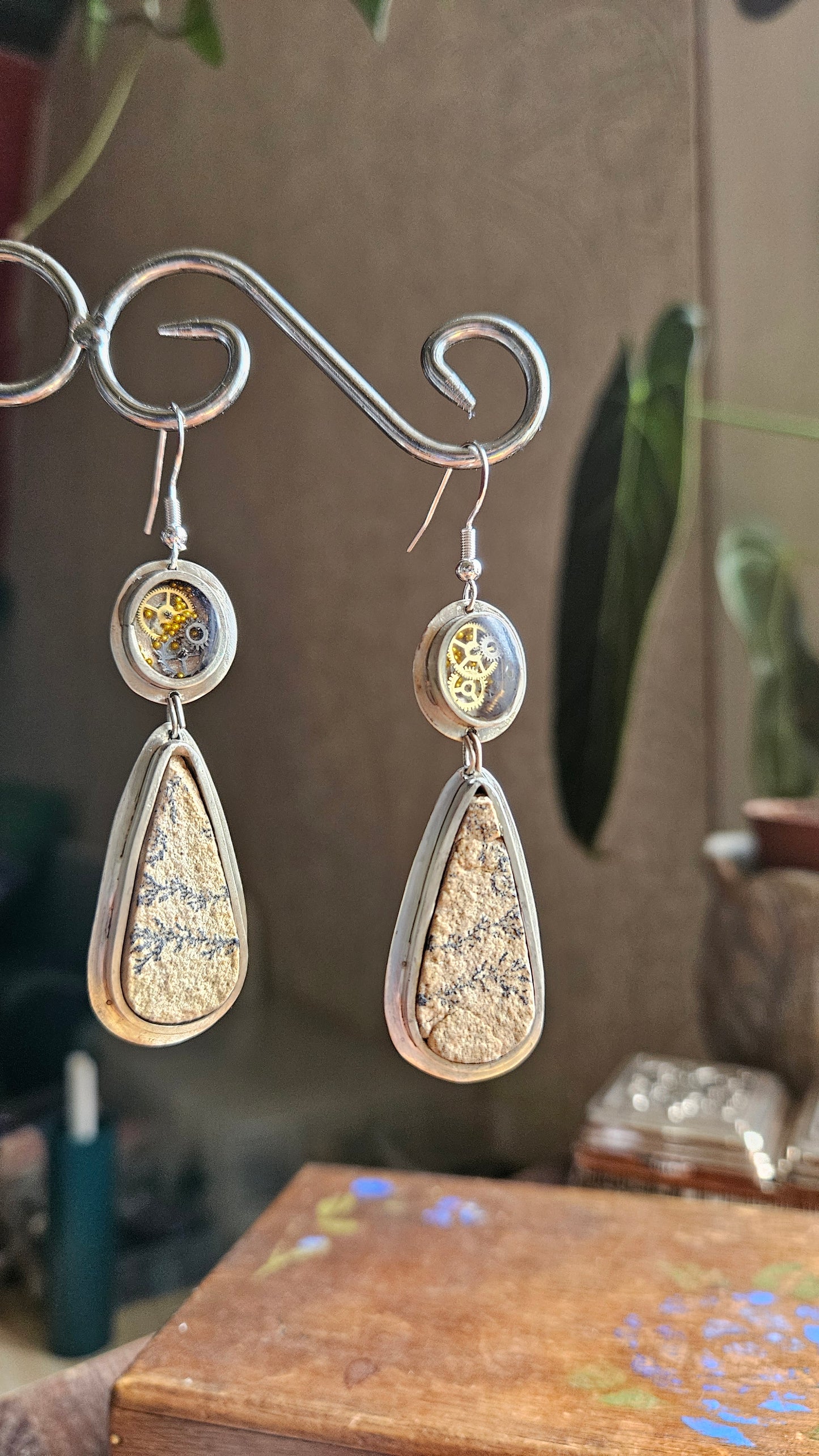 Steampunk Dendritic Stone Earrings – Clockwork & Resin with Sterling Silver Hooks