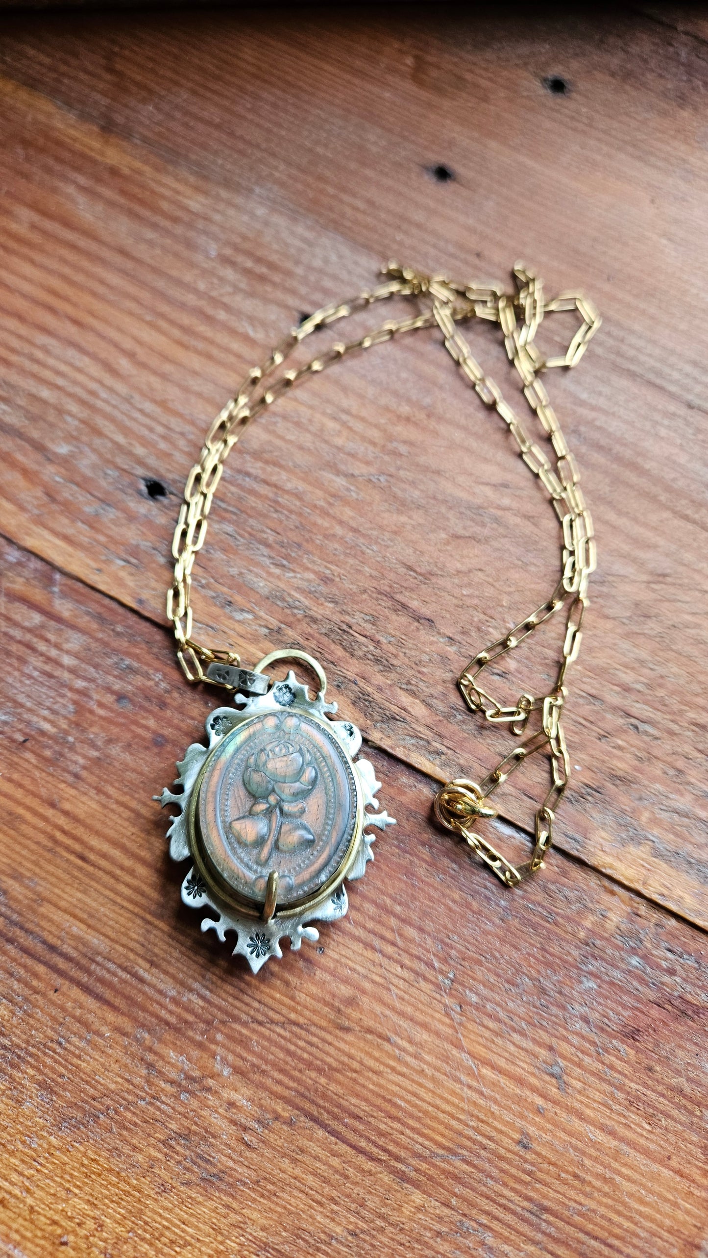 🌹 Celestial Rose Pendant, Labradorite, Alpaca & Brass