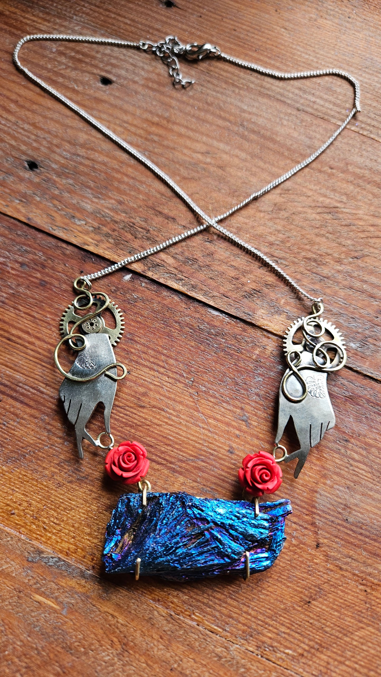 Steampunk Gothic Necklace, Electroplated Black Tourmaline with Gears & Red Roses