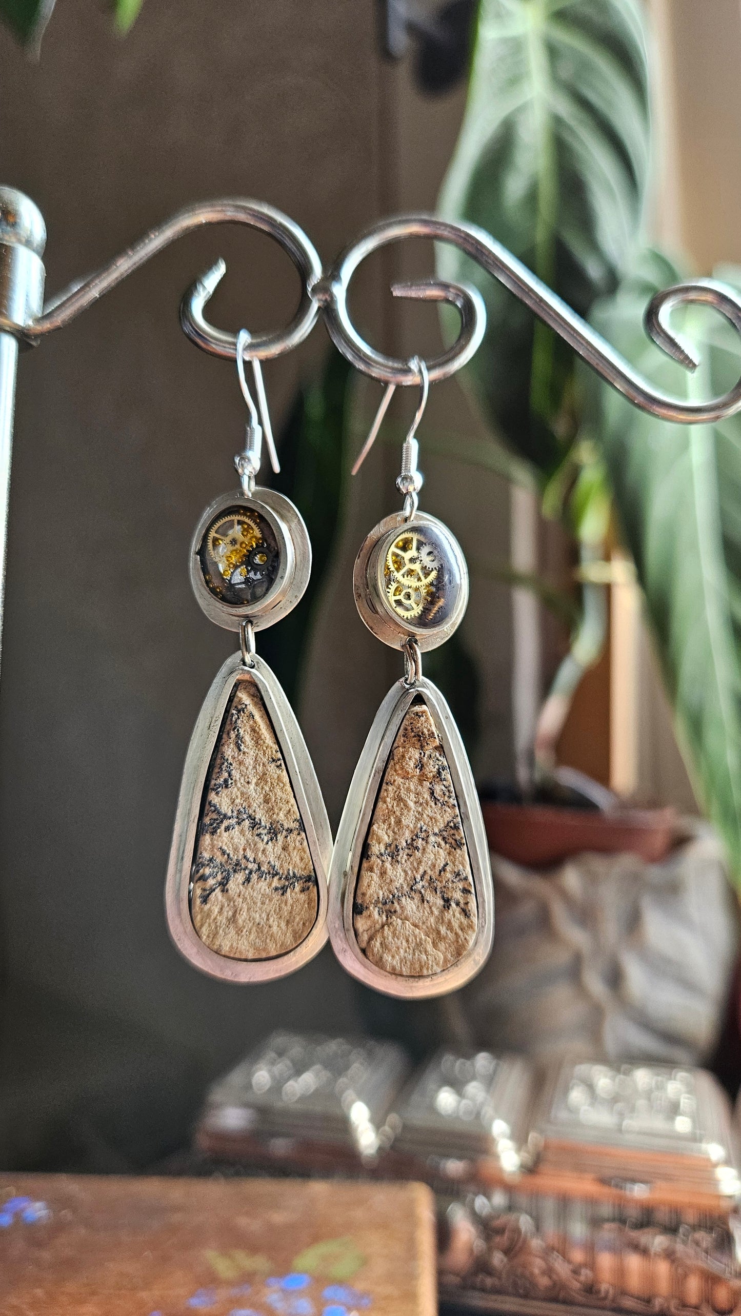 Steampunk Dendritic Stone Earrings – Clockwork & Resin with Sterling Silver Hooks