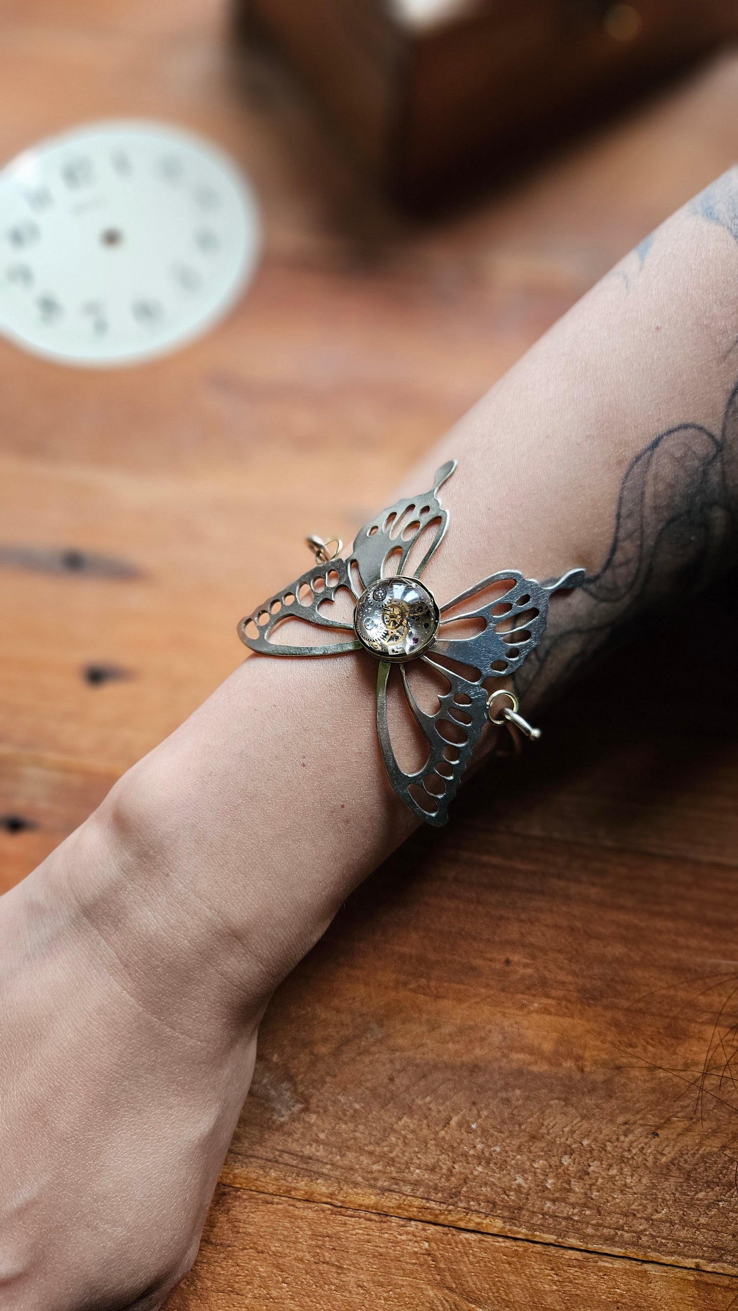 🦋 Steampunk Butterfly Bracelet, Handcrafted with Clockwork Resin Center