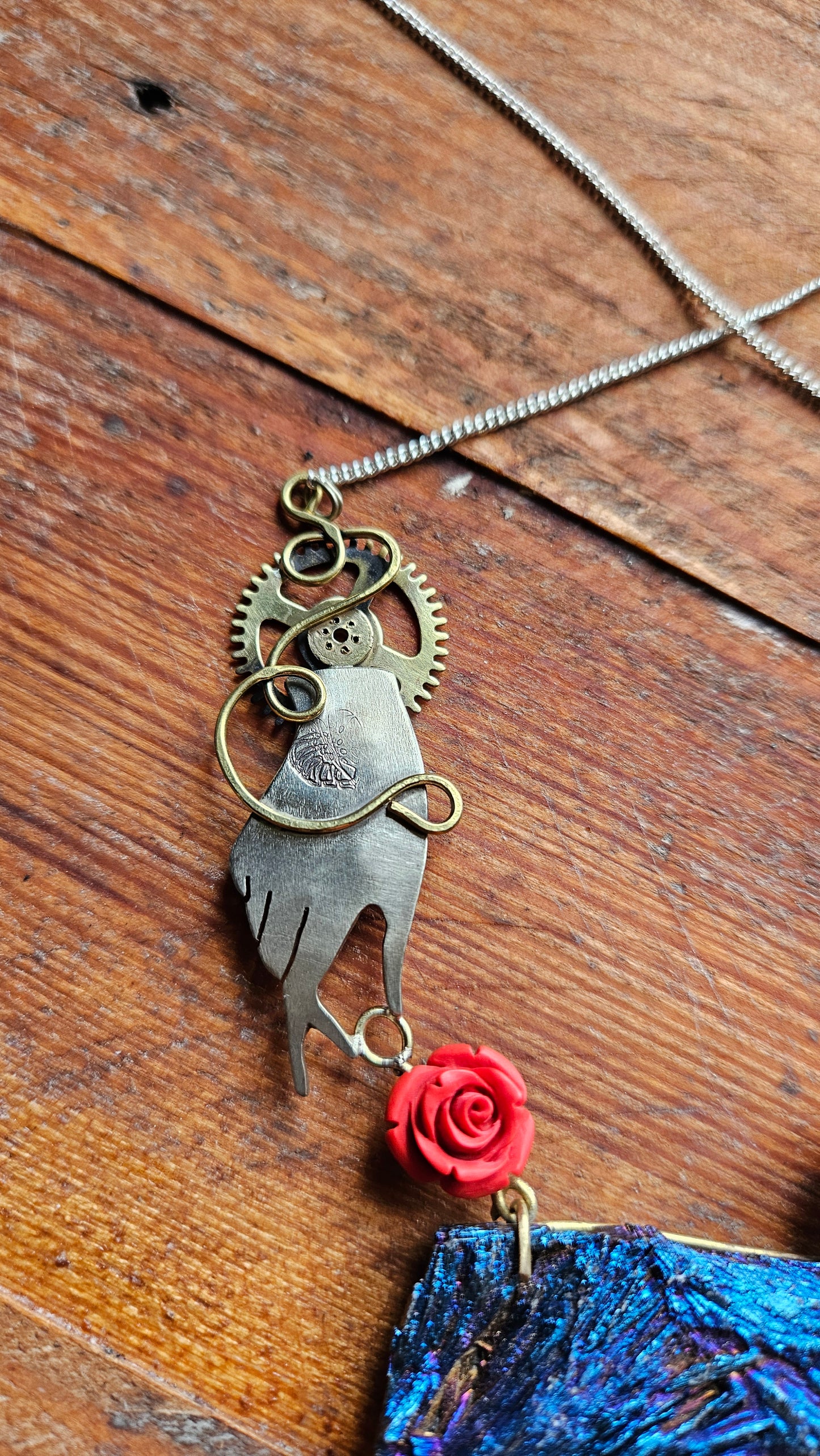 Steampunk Gothic Necklace, Electroplated Black Tourmaline with Gears & Red Roses