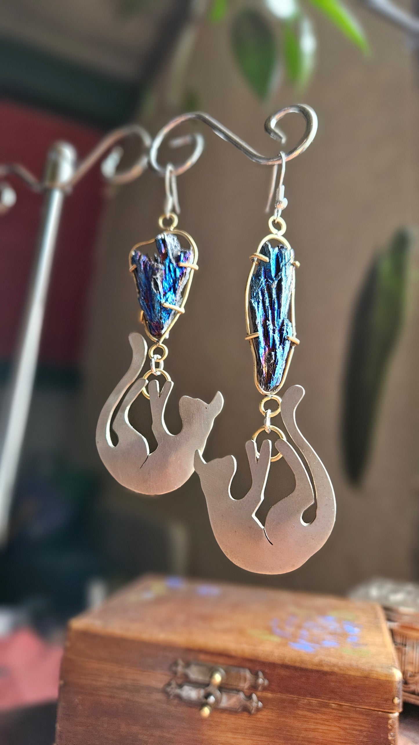 “Cosmic Cats” Earrings, Black Tourmaline, Brass & Silver